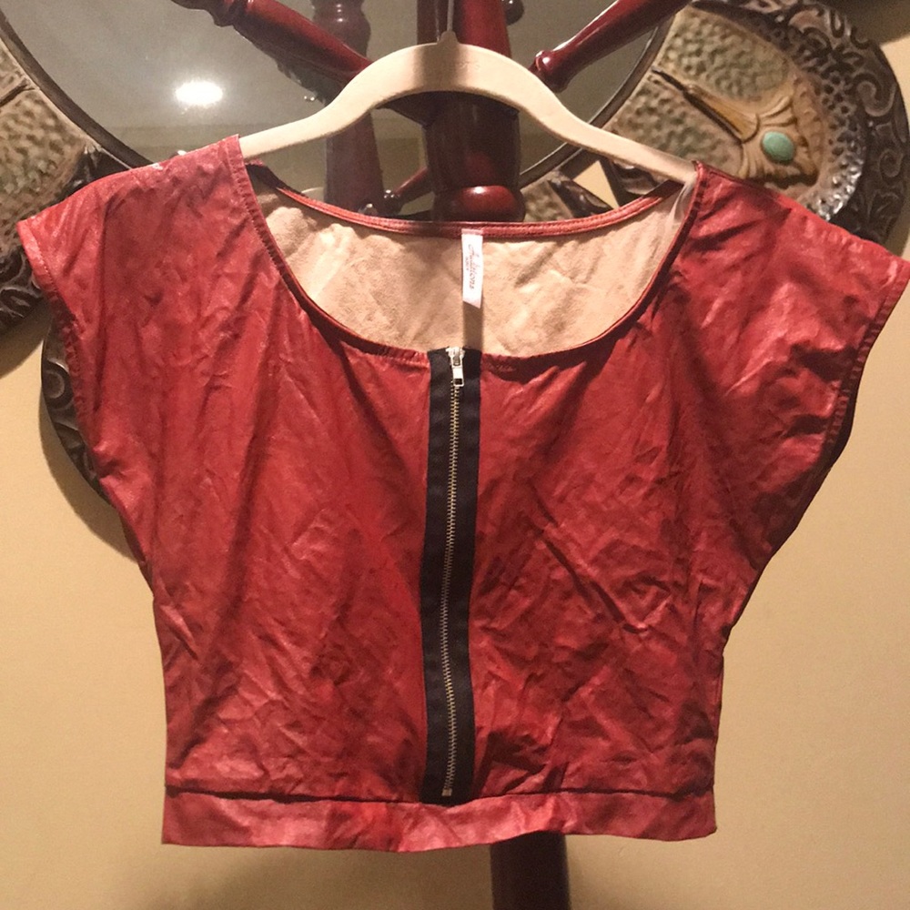 Red leather faux crop top